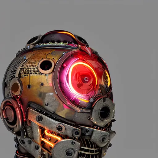 Image similar to portrait of a glossy claymodel of a steampunk aztec futuristic robot head, top of the head is covered with wires and multicolored glowing tubes, 8 k, front shot, symetrical, flourescent colors, halluzinogenic, multicolored, insanely detailed, 3 d render, octane