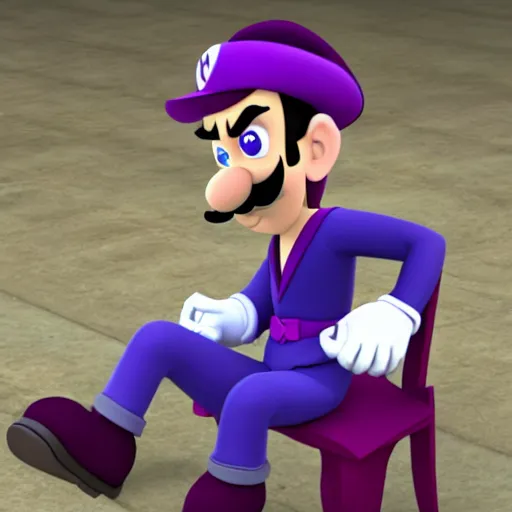 Image similar to waluigi sits alone, sad, contemplating his role in life, looking at a photo of luigi