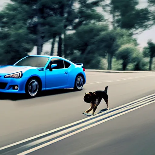 Image similar to a dog driving Subaru brz on the road, octane render