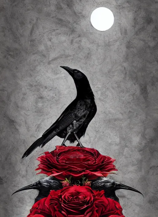 Prompt: portrait, A crow with red eyes in front of the full big moon, book cover, red roses, red white black colors, establishing shot, extremly high detail, foto realistic, cinematic lighting, pen and ink, intricate line drawings, by Yoshitaka Amano, Ruan Jia, Kentaro Miura, Artgerm, post processed, concept art, artstation, matte painting, style by eddie mendoza, raphael lacoste, alex ross