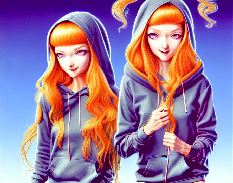 Image similar to richly detailed colored pencil 3D illustration of a beautiful polish woman with long metallic hair wearing a hoodie and short shorts that is evil and happy. mirrored background with completely rendered reflections, art by Range Murata and Artgerm.