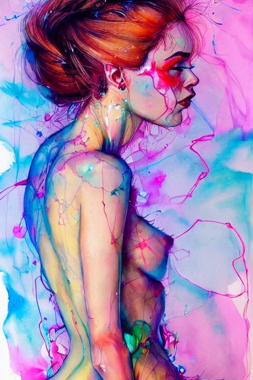 Image similar to sophia vergara by agnes cecile enki bilal moebius, intricated details, 3 / 4 back view, hair styled in a bun, bendover posture, full body portrait, extremely luminous bright design, pastel colours, drips, autumn lights