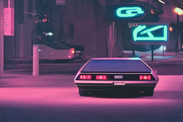 Image similar to designed by Giorgetto Giugiaro poster of a DeLorean thick neon lights, ektachrome photograph, volumetric lighting, f8 aperture, cinematic Eastman 5384 film