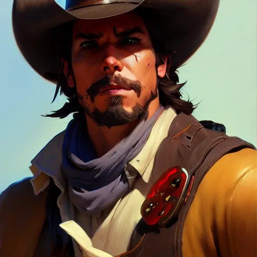 Prompt: Jesse McCree by Stanley Artgerm Lau, greg rutkowski, thomas kindkade, alphonse mucha, loish, Norman Rockwell, Overwatch, upper body, muscular, cowboy, concept art, game art, digital painting, digital art, portrait