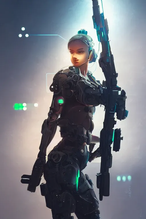 Prompt: beautiful illustration of a cyborg mercenary girl holding a rifle, art by wlop, artgerm, upper body, cyberpunk, neon, elegant, highly detailed, trending on artstation, sharp focus, caustics, octane render, radiant light, 4 k