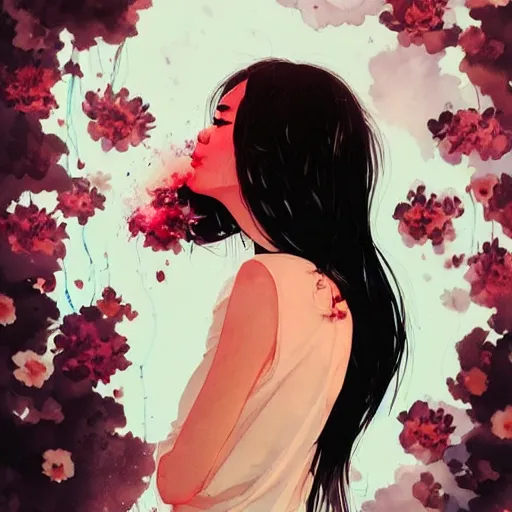 Prompt: candid portrait of very beautiful young filipino woman, surrounded by dramatic swirling smoke and flowers, dark background, by conrad roset, watercolor trending on artstation