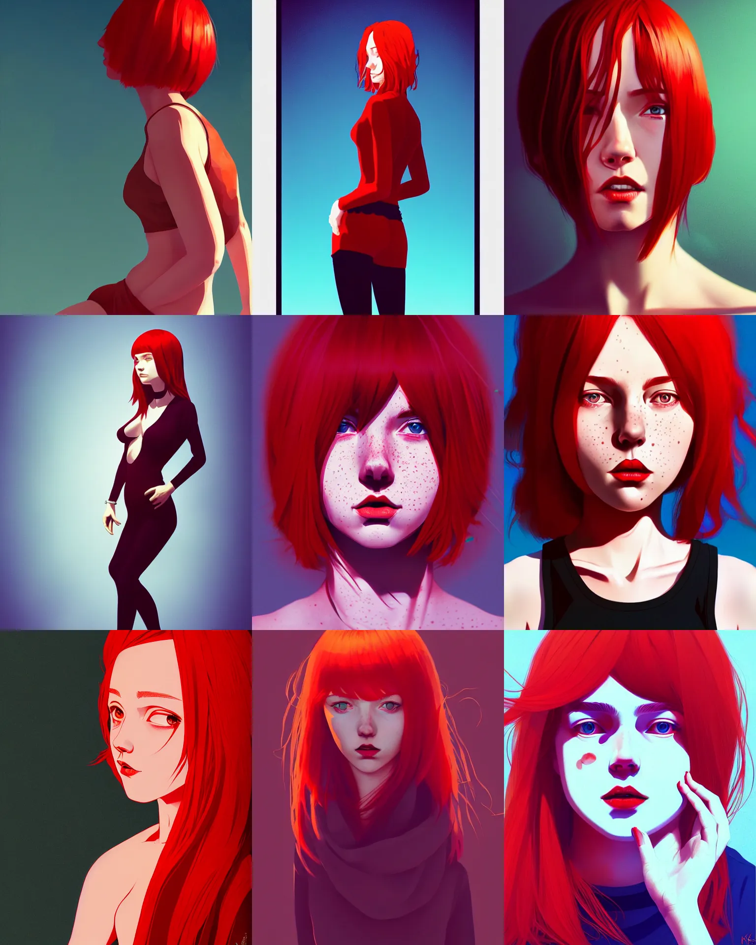 Prompt: a full body picture of a trippy!!!! woman with red hair and freckles by ilya kuvshinov, wlop, digital art, dramatic lighting, dramatic angle