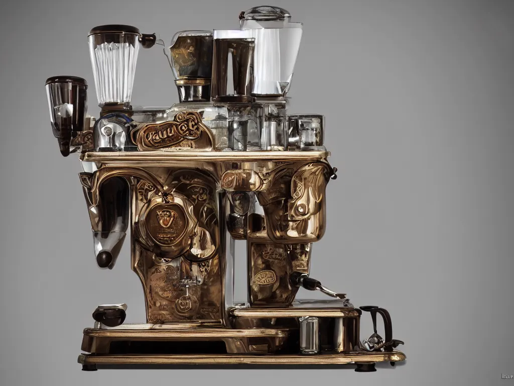 Image similar to wide angle photography of a antique coffee machine, by louis daquerre, product photography, small depth of field, fresh colors, trending on artstation