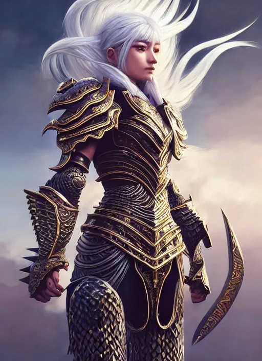 Prompt: warrior, intricate ornate opal heavy armor!!! beautiful and athletic white hair female!! monster hunter!! character concept art, sharp focus, octane render! unreal engine 5! highly rendered!! trending on artstation!! detailed linework!! illustration by artgerm, wlop, and chie yoshii