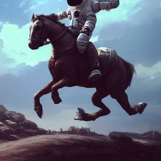 Image similar to an astronaut boy riding on a horse, style game square enix life, trending on artstation, painted by greg rutkowski, render naughty dog, octane render, detailed