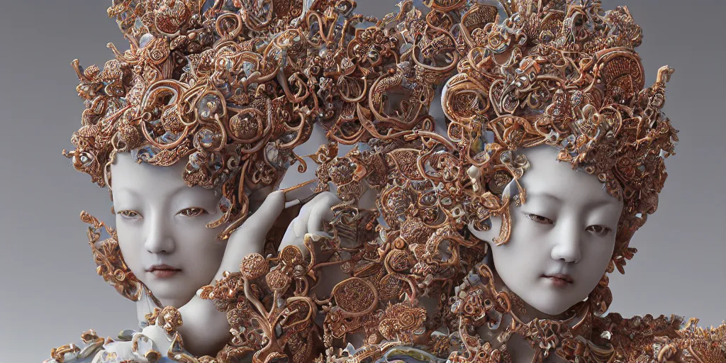 Image similar to A photo-real delicate ceramic porcelain sculpture of an ornate detailed queen in front of a intricate background by Victo Ngai and takato yamamoto, micro detail, backlit lighting, subsurface scattering, translucent, thin porcelain, octane renderer, colorful, physically based rendering, japanese pottery, trending on cgsociety 'H 1024