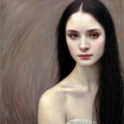 Image similar to Portrait of a beautiful, pale skin, female with long black hair, dark brown eyes, smiling, elegant clothing, photorealistic, highly detailed oil painting, artstation, smooth, sharp focus, art by Klimt, artgerm, Greg Rutkowski and Alphonse Mucha, natural light, Adobe Lightroom, photolab, Affinity Photo, PhotoDirector 365, artstation