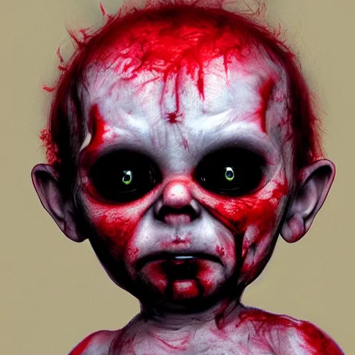 Image similar to frightening demon baby, horror, hyper realistic, red and black theme, horror