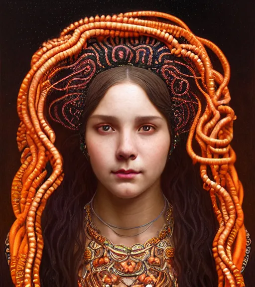 Image similar to portrait of teenage medusa, bald, naughty smile, wearing an embroidered orange tunic, wearing headdress made of black snakes, intricate, elegant, copper and emerald jewelry, glowing lights, highly detailed, digital painting, artstation, concept art, smooth, sharp focus, illustration, art by wlop, mucha, artgerm, and greg rutkowski