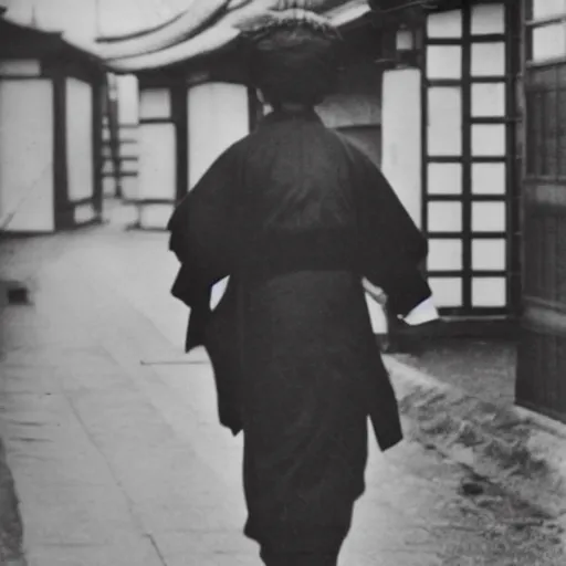 Prompt: grainy vintage photo of a person in modern clothes walking the streets of 1910s Japan