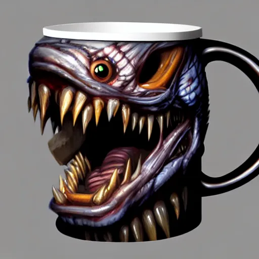 Image similar to monster mimic mug, digital art, many details, super realistic, greg rutkowski style, high quality, 8 k