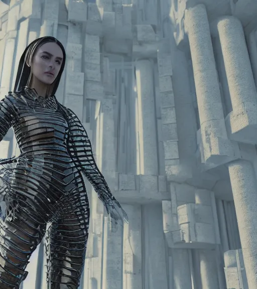 Image similar to tarkovsky greatest scene, the ancient destroyed majestic tower of babylon, a woman in futuristic cyber clothing, transparent puffer jacket, hyper realistic, blockchain, virtual world, ambient lighting, concept art, intricate, hyper - detailed, smooth, dynamic volumetric lighting, corona render, ray trace, cinematic, high quality, high resolution, 4 k, cgsociety