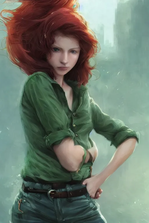 Image similar to beautiful cute red haired joyful and playful 1 9 year old maiden standing up in casual green clothing, long hair, modern city, rpg character, sci - fi, fantasy, intricate, elegant, digital painting, artstation, concept art, smooth, 8 k frostbite 3 engine, ultra detailed, art by artgerm and greg rutkowski and magali villeneuve