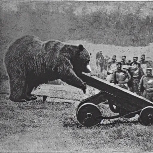 Image similar to a picture of a enormous bear pulling a towed cannon like a chariot, eastern front, historical picture