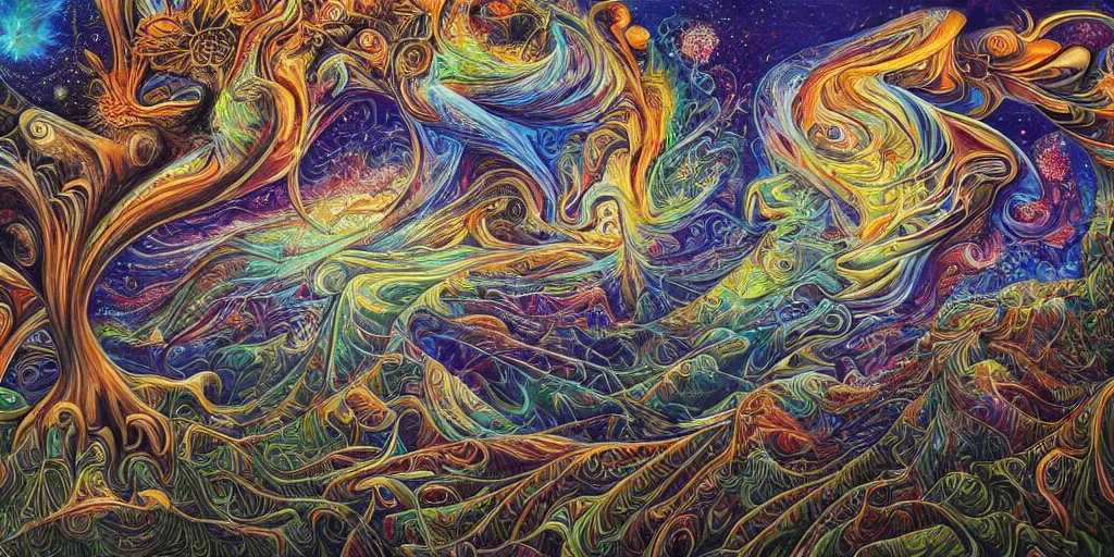 Prompt: 🌲🌌, acrylic on canvas, realism movement, breathtaking detailed, by android jones, alex grey, chris dyer, and aaron brooks, photorealistic