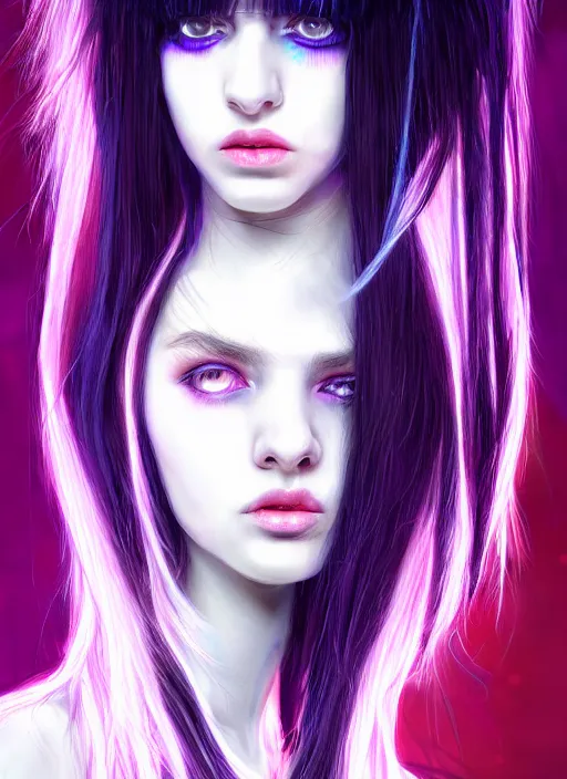 Image similar to hair whitebangs hair, black cyberlox, portrait of teenage girl with white bangs, whitebangsblackhair, messy bangs, cyberlox, whitebangs, red irises, purple clothes, intricate, elegant, glowing lights, highly detailed, digital painting, artstation, concept art, sharp focus, illustration, art by wlop, mars ravelo and greg rutkowski