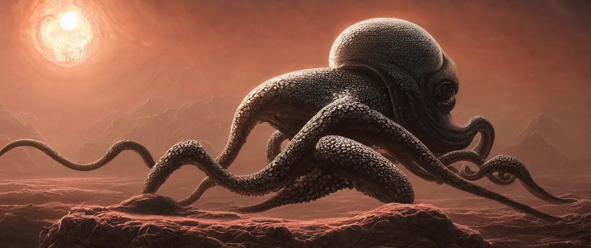 Image similar to detailed hyper realistic alien octopus demigod which looks deeply intimidating, menacing alien snake, floating island on a barren exoplanet, beautiful dramatic moody lighting, cinematic atmosphere, by Jean Giraud, Alex Grey, Zdzislaw Beksiński, Dan Mumford, Patiphan Sottiwilaiphong, Yintion J - Jiang Geping