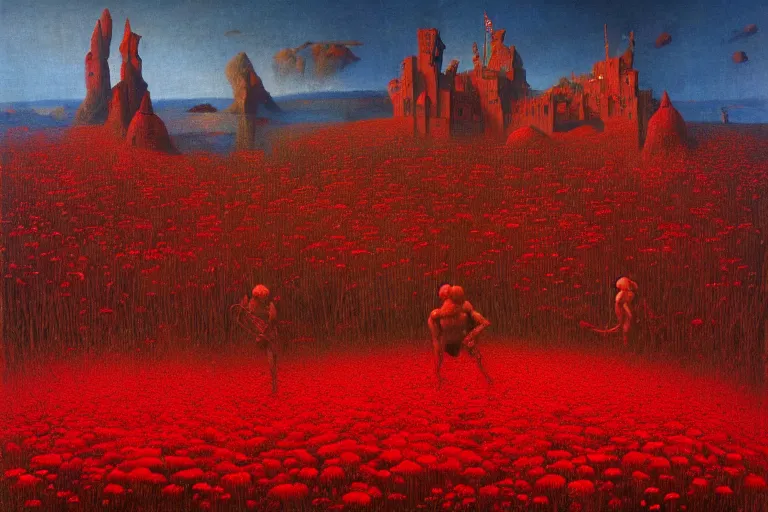 Image similar to only with red, red flowers of different types, a castle in the background, red orcs and trolls dance over the flowers, in the style of beksinski, part by hopper, part by rodcenko, part by hofbauer, intricate composition, red by caravaggio, insanely quality, highly detailed, masterpiece, red light, artstation