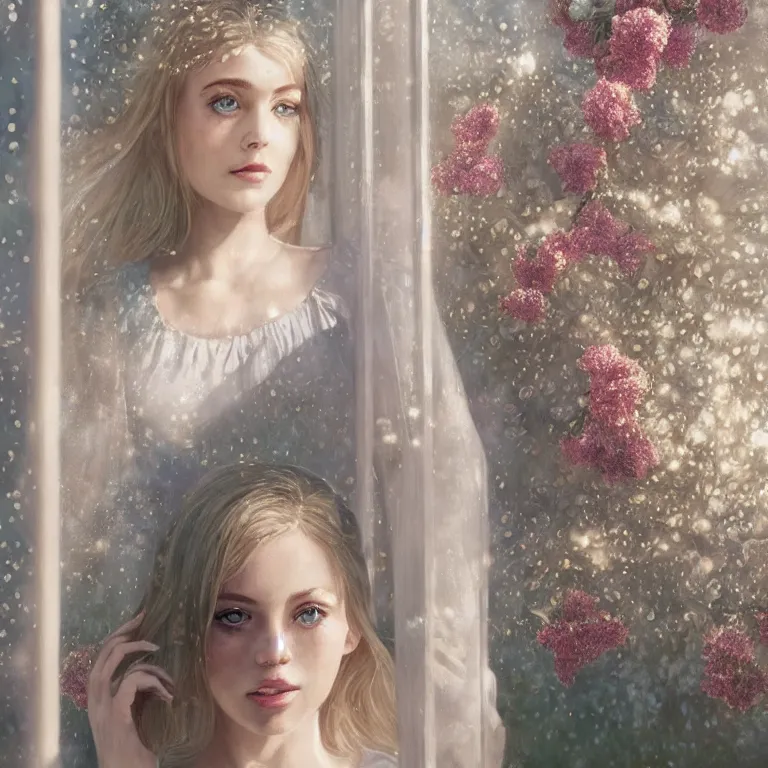 Image similar to a blonde girl in white dress in beautiful window, necklace with a fruit seed ornament, ocean eyes, light freckles, incense smoke and flowers in the background, portrait, mucha, conceptart, medium shot, unreal, octane, symmetrical, photorealism.