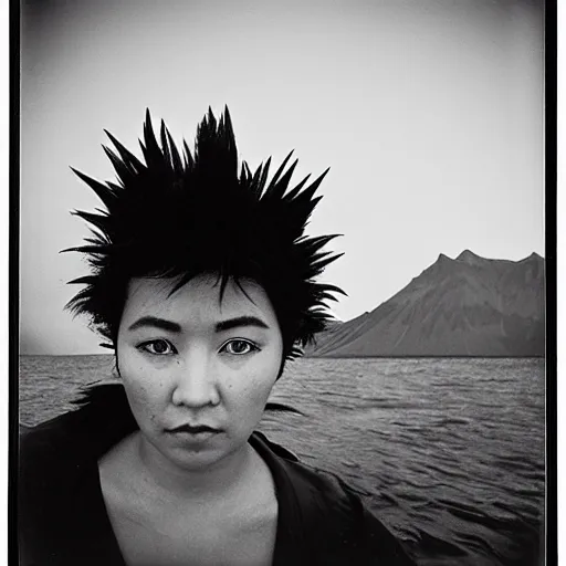 Prompt: black - haired girl with wild spiky black saiyan hair with long bangs over her eyes, hair covering eyes, eyeless, wearing casual clothing, standing on an alaskan fishing vessel, mekoryuk, alaska, 1 9 6 5, polaroid, kodachrome, grainy photograph