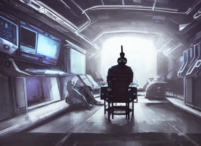 Prompt: a man sitting on a chair with things attached to his head, screens and monitors in front of him playing videos, ship interior, narrow hallway, scifi, dramatic lighting, dark, spotlight, surreal, by magali villeneuve