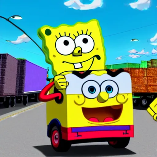 Prompt: SpongeBob SquarePants driving a semitruck down the highway