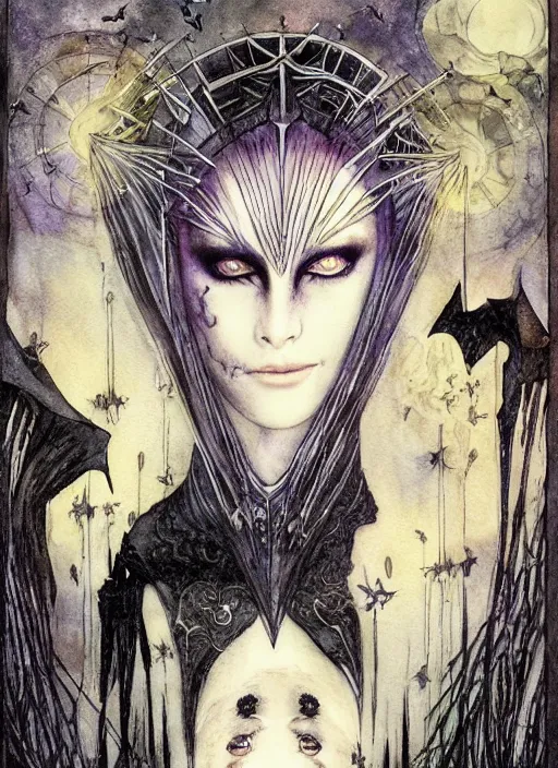Prompt: dark vampire queen closeup face surrounded by bats, night sky, art by luis royo and walter crane and kay nielsen, watercolor illustration,