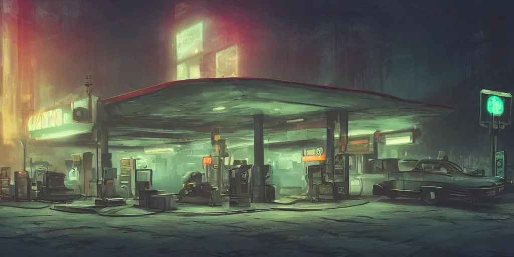 Image similar to a post apocalyptic gas station in the style of bladerunner, trending on artstation, vintage colors, volumetric lighting