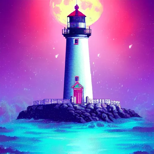 Prompt: lighthouse in the moon, epic retrowave art, trending on art station