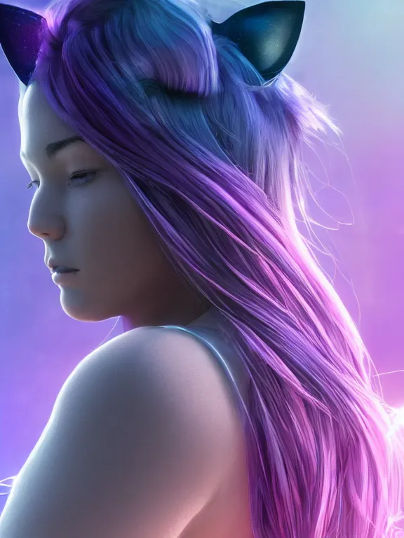 Prompt: A young adult with purple hair and cat ears floating on a cloud ultra realistic , lens flare, atmosphere, glow, detailed, intricate, full of colour, cinematic lighting, trending on artstation, 4k, hyperrealistic, focused, extreme details, unreal engine 5, cinematic, masterpiece