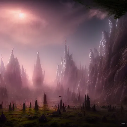 Image similar to inside a ethereal magical elven city, 8k, HDR, award-winning, landscape, trending on, artstation, smooth, sharp focus, super resolution, cgsociety, cinematic, volumetric lighting