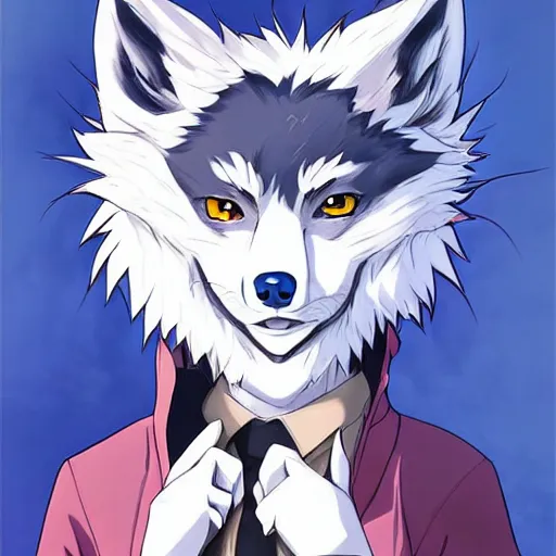 Image similar to key anime visual portrait of an anthropomorphic anthro wolf fursona, in a jacket, with handsome eyes, official modern anime art