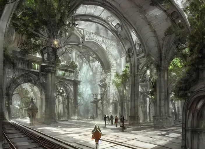 Image similar to A train subway inside a beautiful elven city made of white marble, anime, lush trees, fountain, statue, a fantasy digital painting by Greg Rutkowski and James Gurney, trending on Artstation, highly detailed