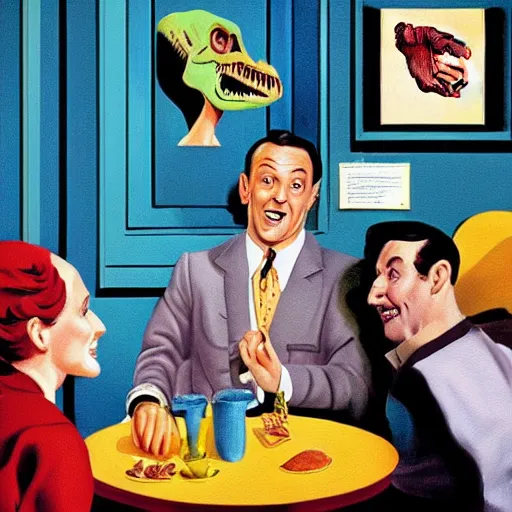 Image similar to beautiful lifelike painting of gene kelly demanding a refund on undercooked overpriced dinosaur steak in downtown dive bar bistro, hyperreal detailed facial features and uv lighting, retro pixel bitmap art by ed roth and basil wolverton