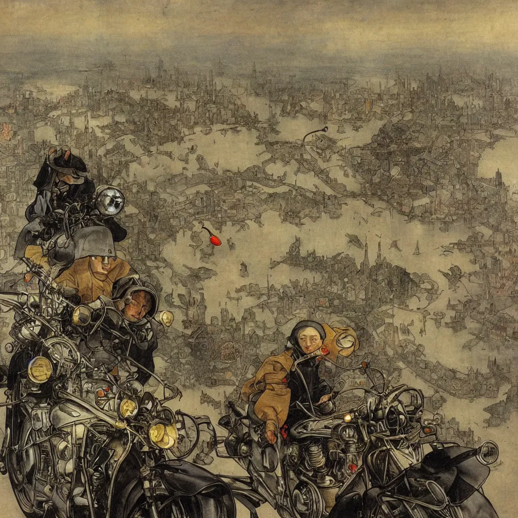 Image similar to a city in the clouds, foggy, one highway leaving the city curving towards viewer with one motorcycle with headlight on man riding motorcycle wearing leather jacket and black helmet, highly detailed, by james jean and hieronymus bosch and alphonse mucha