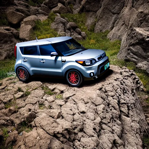 Image similar to Kia Soul, Professional Photography, Lifted, Big Tires, Skyrim, Rock Crawling, Mountain landscape, dirt, road, cinematic color, photorealistic, highly detailed wheels, highly detailed