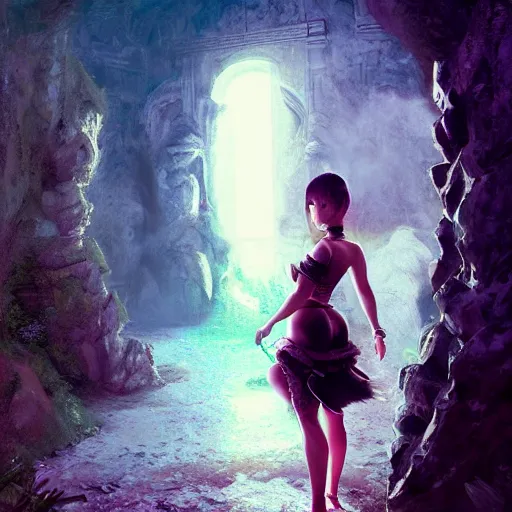 Prompt: dwayne johnson as a beautiful young girl in seductive clothing by ross tran, walking in a castle painted by sana takeda, rtx reflections, very high intricate details, painting, digital anime art, medium shot, mid - shot, composition by ilya kuvshinov, lighting by greg rutkowski