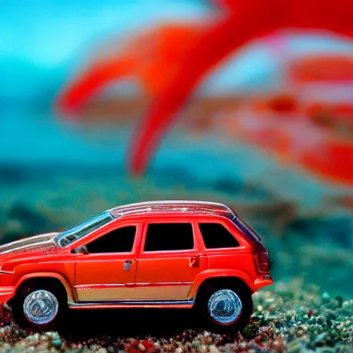Prompt: 3 5 mm photo of metallic red aztek car like hot wheels model in a sea underwater as background