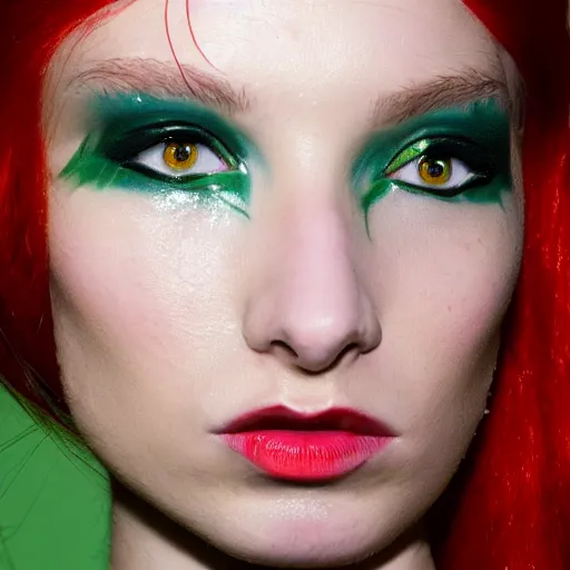 Image similar to a beautiful portrait of young katarina ivanovska as poison ivy from batman and a model at maybelline fashion show as a model spring / summer 2 0 1 8, highly detailed, in the style of cinematic, milan fashion week backstage, extreme close up, makeup by pat mcgrath, hair by guido palau, greg rutkowski