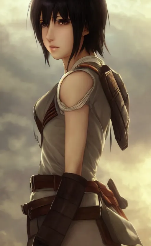 Image similar to mikasa ackerman, hero pose, medium shot, bokeh, beautiful face!!!!, 2 7 years old, cg animation, lifelike, animated, realistic, character select portrait, by artgerm, greg rutkowski, alphonse mucha, 3 d