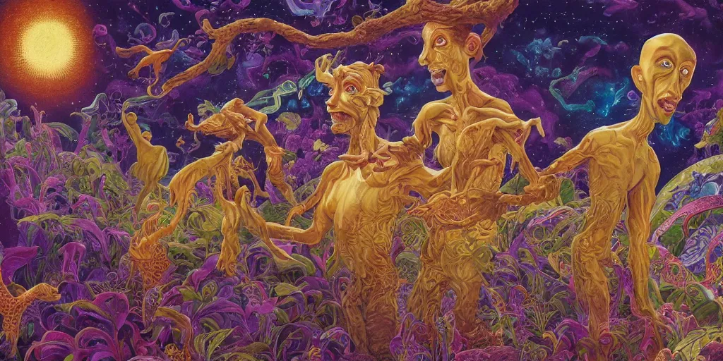Prompt: a sobbing man and a happy women, furry creatures, highly detailed, cinematic, infographic for imaginary animals, golden hour, backlit by an alien planet, sharp focus, psychedelic LSD manga, abstract oil painting by Raqib Shaw and joseph albers, MC Escher illustration, 8k,by Stanley Artgermm,Tom Bagshaw,Greg Rutkowski,Carne Griffiths, Ayami Kojima, Beksinski, Giger,trending on DeviantArt,hyper detailed,horror, full of colour, golden hour