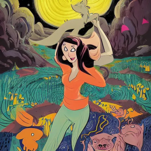 Image similar to hanna barbera by ryan ottley, by luigi loir lush, meticulous. a beautiful art installation of a woman with long flowing hair, wild animals, & a dark, starry night sky.