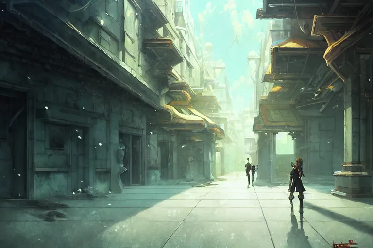 Image similar to baroque oil painting of anime key visual environment concept art of white clean abandoned concrete cityscapes, brutalist dark fantasy, rule of thirds, cinematic lighting, fake hidden detail, trending on pixiv fanbox, acrylic palette knife and brush, style of makoto shinkai studio ghibli genshin impact jamie wyeth james gilleard greg rutkowski