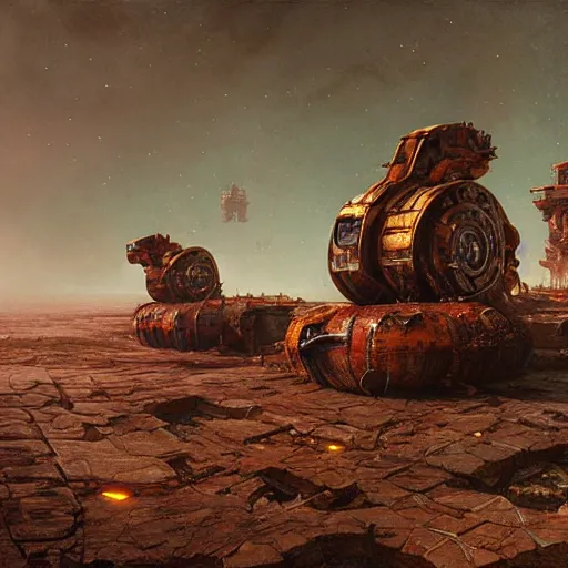 Image similar to rusty abandoned machines in an alien landscape, science fiction, trending on artstation, digital art, by Greg Rutkowski, Chris Foss, John Howe, unreal engine