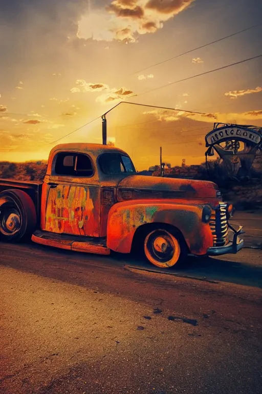 Image similar to a sunset light landscape with historical route 6 6, lots of sparkling details and sun ray ’ s, blinding backlight, smoke, volumetric lighting, colorful, octane, 3 5 mm, abandoned gas station, old rusty pickup - truck, beautiful epic colored reflections, very colorful heavenly, softlight